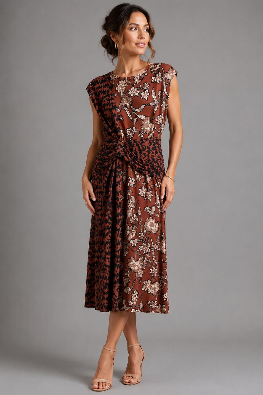 Women’s Abstract Floral Maxi Dress Sleeveless Ruched Waist Stretch M/L